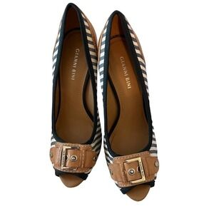 Gianni Bini Nautical Blue White Stripes with open toe w/Buckle Heels    10